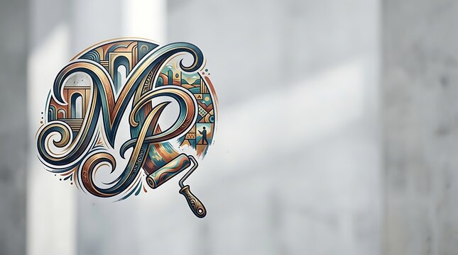 Artistic monogram mp with swirls and paint roller design