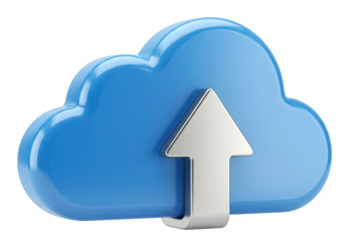Glossy blue 3D cloud icon with silver metallic upload arrow for data storage isolated transparent background image