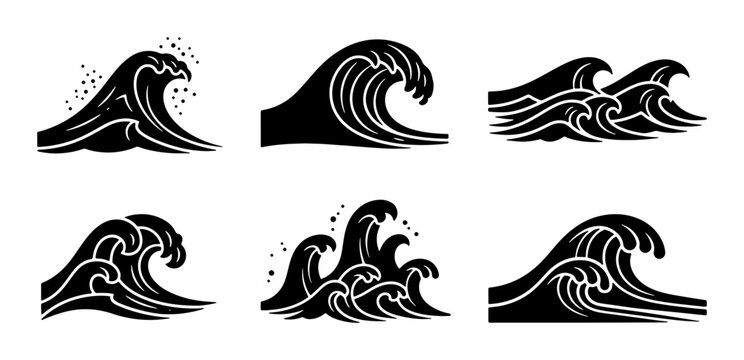 Set of 6 Black Silhouette Ocean Waves, Dynamic Sea Swells, Water Motion Graphics, Marine Vector Icons