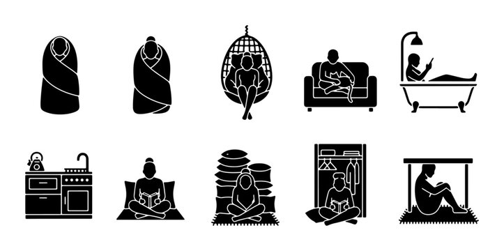 Cozy Relaxation Icons, Comforting Activities Vector Set: Reading, Bathing, Lounging, Home Comforts, Self-Care, Peaceful Moments