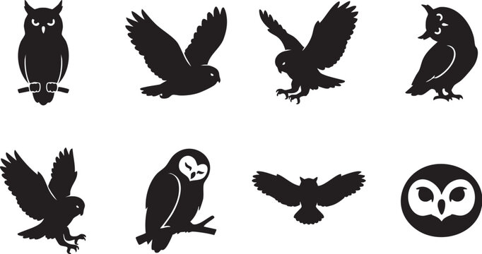A set of eight black silhouette vector illustrations of bison in various poses and angles on a white background showcasing different movements and views of the animals.