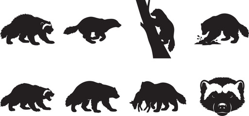 A set of eight black vector bear silhouettes in various poses and a monkey on a tree branch against a white background illustration © Yasir