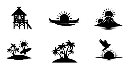 Tropical Island Icons Set: Tiki Hut, Volcano, Surfer, Palm Trees, Canoe, Bird Silhouette Vector Graphics for Travel and Vacation Themes © Jannatul