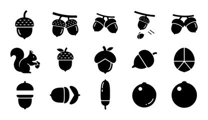 Acorn Icons Set, Oak Nut Vector Graphics, Squirrel and Autumn Symbols, Nature Elements Collection © Samira