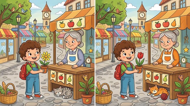 Spot the difference puzzle for kids with boy at a market stall