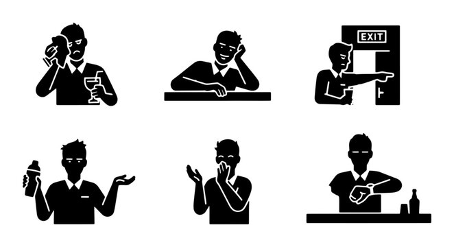 Set of 6 Silhouette Icons: Bartender Serving Drink, Bored Man, Man Pointing, Cocktail Shaker, Yawning Man, Waiting Man with Watch and Bottle