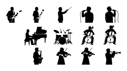 Musician Silhouettes Vector Set: Guitarists, Pianist, Drummer, Cellists, Saxophonist, Violinists, Trumpeter, Conductor, Microphone Icons for Music Performance and Entertainment Graphics © Jannatul