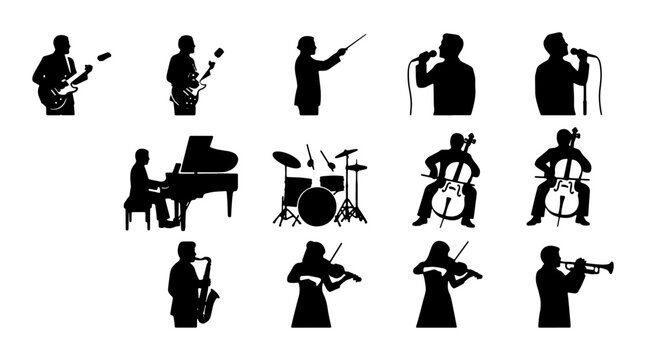 Musician Silhouettes Vector Set: Guitarists, Pianist, Drummer, Cellists, Saxophonist, Violinists, Trumpeter, Conductor, Microphone Icons for Music Performance and Entertainment Graphics