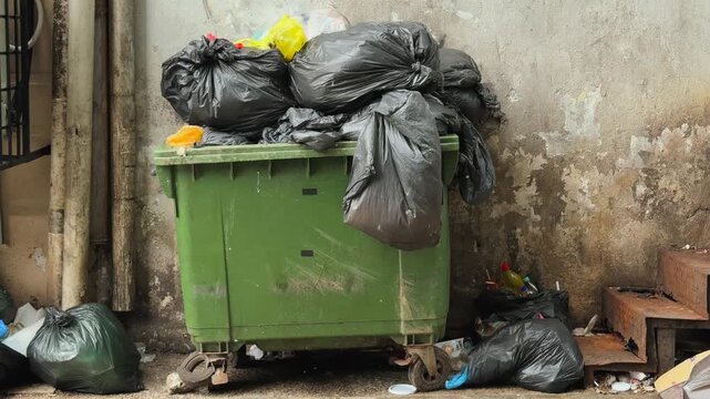 Overflowing big Green Dumpster with Black Garbage Bags on Urban Street
