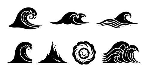 Fototapeta premium Dynamic Wave Icons Set, Ocean Swells and Water Splashes, Stylized Aquatic Elements, Marine Vector Graphics for Design