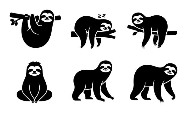 Cute Sloth Vector Icons Set, Adorable Mammal Poses, Lazy Animal Graphics, Simple Black and White Illustrations for Wildlife and Nature Designs