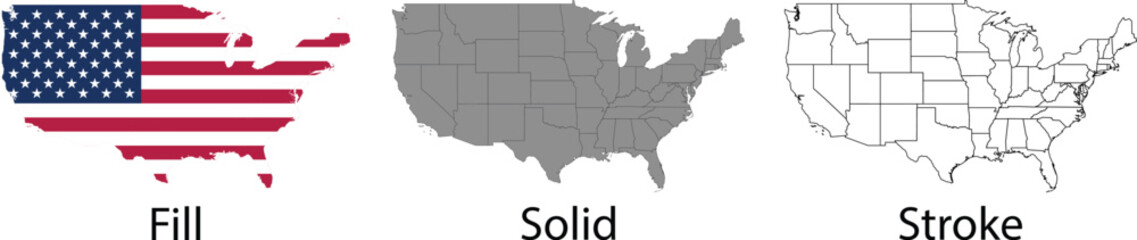 usa map set with american flag fill, solid grey silhouette and state border stroke outline vectors © faiqa