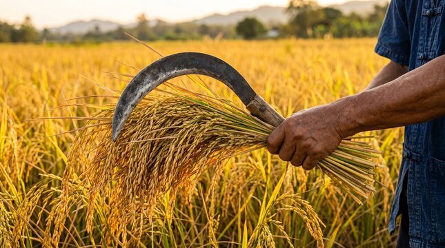 Man harvesting rice with sickle in golden field at sunset