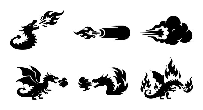 Dragon Fire Breath Icons, Mythical Creature Flame Attacks, Fantasy Creature Embers, Vector Set for Game Design and Fantasy Art