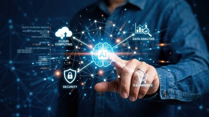 Fototapeta premium Artificial intelligence network concept with hand interaction cloud computing data analysis security and e commerce