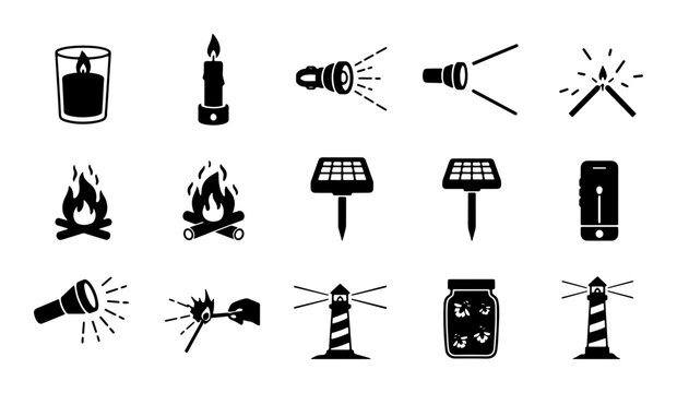 Light Sources Vector Icons Set: Candles, Torches, Lighthouses, Solar Panels, and Fire for Camping, Safety, and Energy Concepts