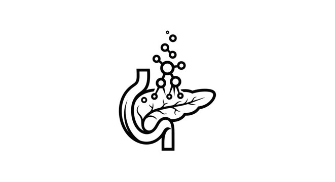 Detailed illustration of human pancreas anatomy and enzymes.
