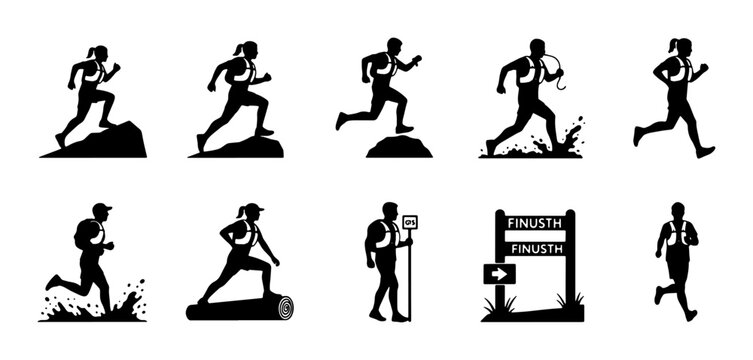 Obstacle Course Runners, Trail Running Silhouettes, Mud Run Athletes, Finish Line Sign, Vector Icons Set