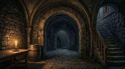 Obraz premium Mysterious dimly lit stone corridor with arched ceilings and a single candle illuminating a barrel.