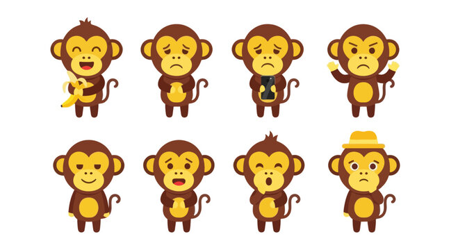Cute Monkey Characters Expressing Various Emotions and Actions
