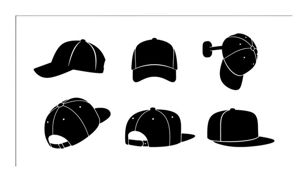 Black Baseball Caps Vector Icons Set, Various Angles and Styles, Flat Design Headwear Collection for Sportswear and Fashion Graphics