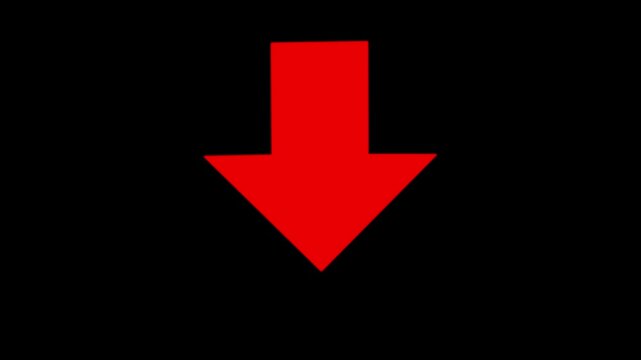 Animated arrow pointing down on black background. Abstract glowing down arrow icon animation