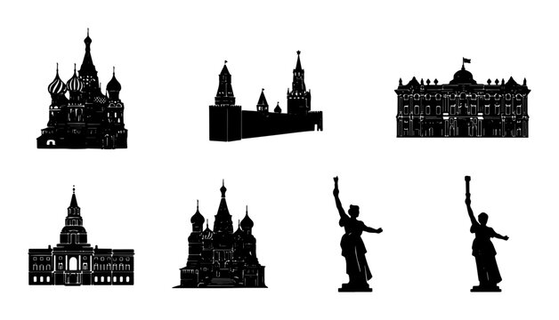 Russian Landmark Silhouettes Collection: Iconic Moscow Architecture, Kremlin, St. Basil's Cathedral, Monumental Statues, Historical Buildings Vector Set