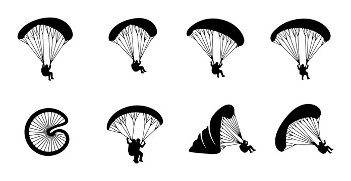 Paragliding Silhouette Icons, Extreme Sports Vector Set, Parachute Jumper Graphics, Adventure Activity Symbols, Skydiving Illustration Collection