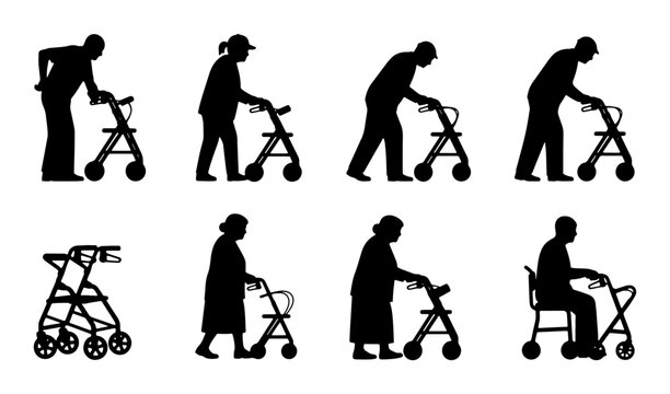 Elderly People Silhouettes with Walkers, Senior Mobility Aids Collection, Diverse Poses and Styles, Healthcare and Assistance Vector Icons