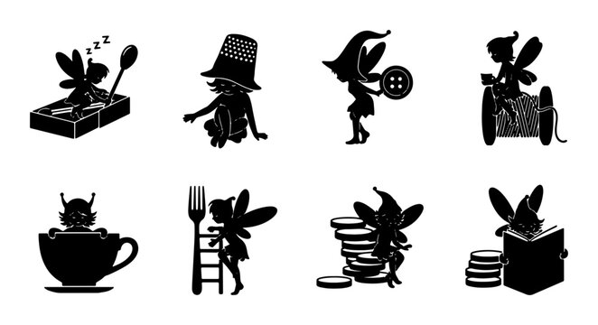 Whimsical Fairy Silhouettes Collection: Magical Creatures in Enchanted Scenes, Vector Icons for Fantasy Designs