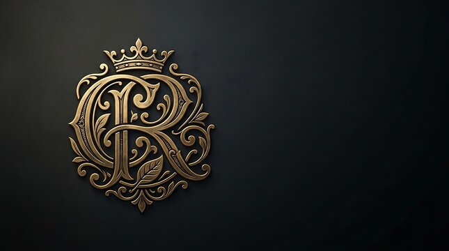 Elegant gold embossed royal monogram letter r on dark background