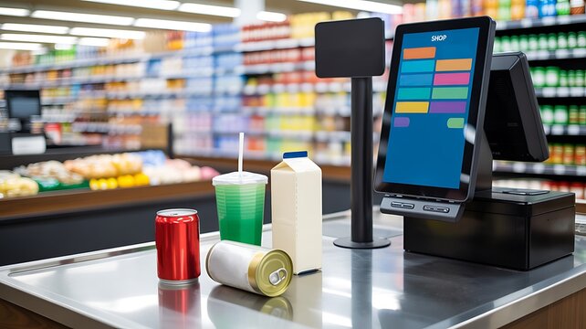 Retail checkout counter with digital payment system in modern store