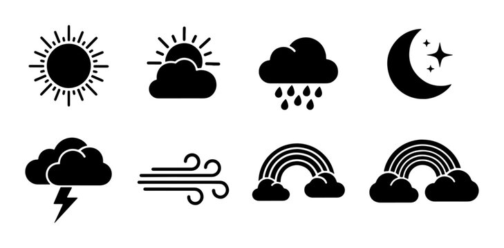 Set of 8 Weather Icons: Sun, Clouds, Rain, Moon, Stars, Lightning, Wind, Rainbows. Simple Black and White Vector Graphics for Forecasting and Meteorology.