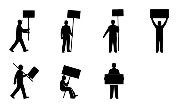 Protest Signs Vector Icons, Demonstration Silhouettes, Activism Symbols, Public Gathering Graphics, Protestors Holding Placards
