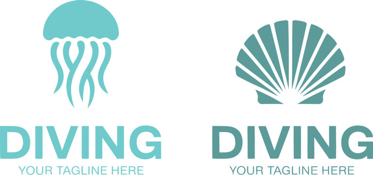 Underwater diving and marine adventure logos with jellyfish and seashell icons offering business