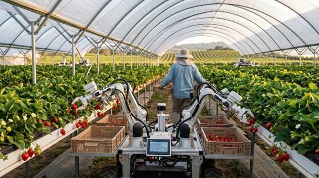 Agricultural robot harvesting strawberries in greenhouse, automated farming technology, smart agriculture machinery, worker picking fruit, modern food production