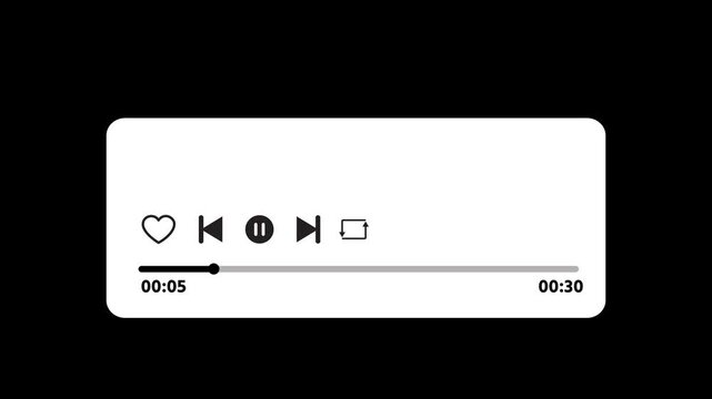 Audio player widget interface animation, minimalist music playback card motion graphic, sleek song progress timeline bar on black background, clean digital sound track streaming element.