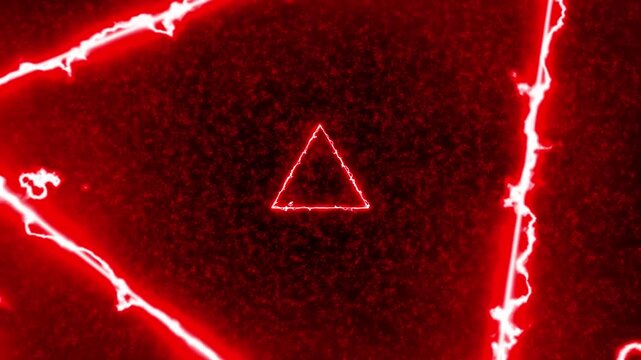 Red electric triangle energy frame with glowing plasma lightning, abstract futuristic background