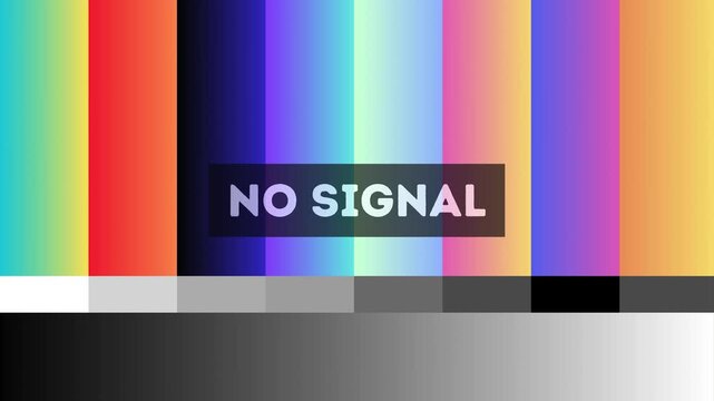 Retro television screen displaying a colorful test pattern with 'NO SIGNAL' message, indicating a broadcast error