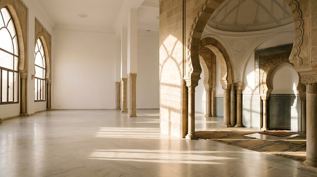 Peaceful interior of a mosque with sunlight through arched windows