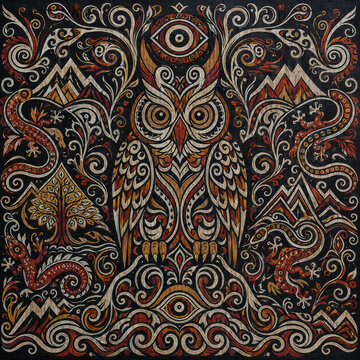 Traditional Batak Owl Art Print, Flat Gorga Panel Painting for Rainforest Heritage Decor
