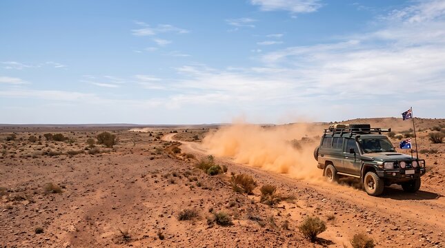 4x4 off road vehicle kicking up dust on a remote desert track