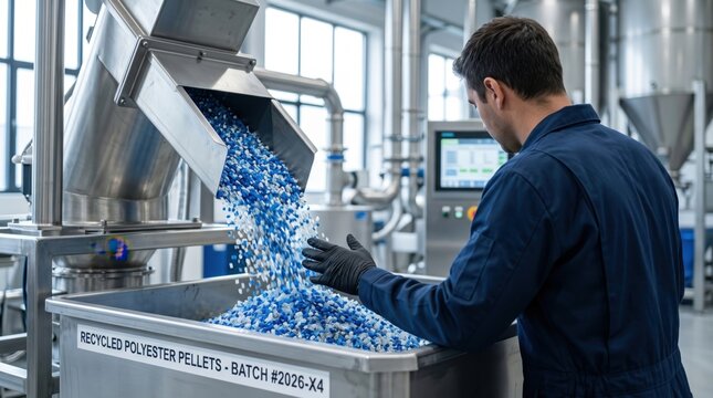 Industrial worker managing recycled polyester pellets in modern factory