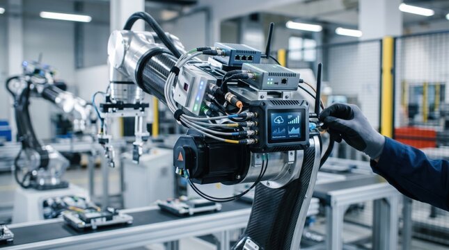 Close up of high-tech robotic arm with IoT sensors and control interface in smart factory, advanced industrial automation and manufacturing process