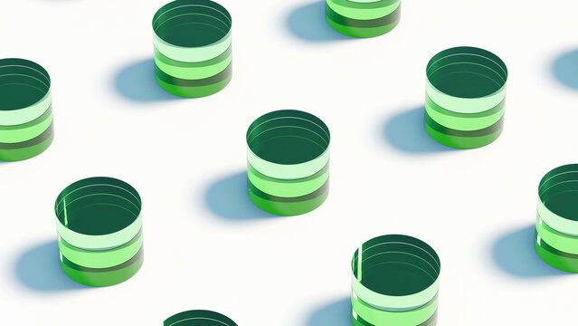 Abstract 3D minimalist background featuring a grid pattern of translucent green cylinders or stacked discs with soft shadows. Ideal for database concepts, tech branding, and web banners