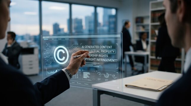 Business team discussing AI generated content copyright and intellectual property rights using transparent digital display in modern office environment