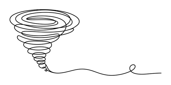 Continuous single line drawing of a tornado vortex spinning in a swirling motion with a long curly tail representing a natural disaster storm weather concept Vector, illustration