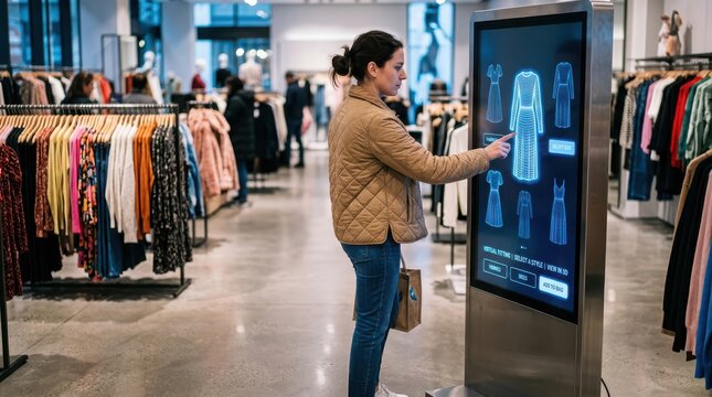 Woman interacting with interactive retail kiosk for virtual clothing try on in modern boutique