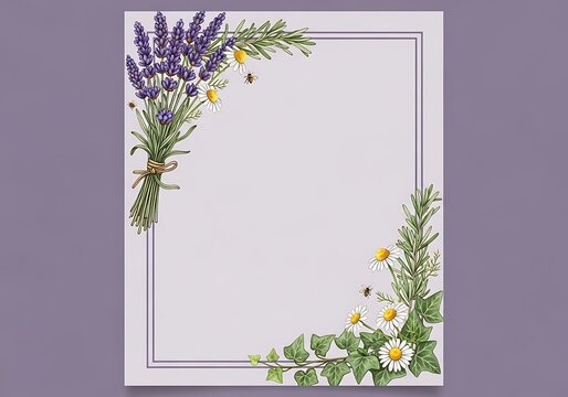 Elegant Botanical Floral Frame with Lavender and Herbs, Perfect for Wedding Invitations and Greeting Cards