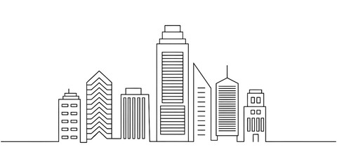 Obraz premium Simple line art drawing of a city skyline with tall office buildings and skyscrapers in a minimalist sketch style suitable for urban design and architecture concepts Vector, illustration